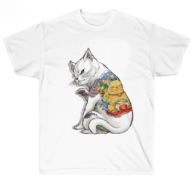 

Black Society Tattoo Cat с коротким рукавом из хлопка с прямым принтом для мужчин и женщин, модный юмористический стиль High Street