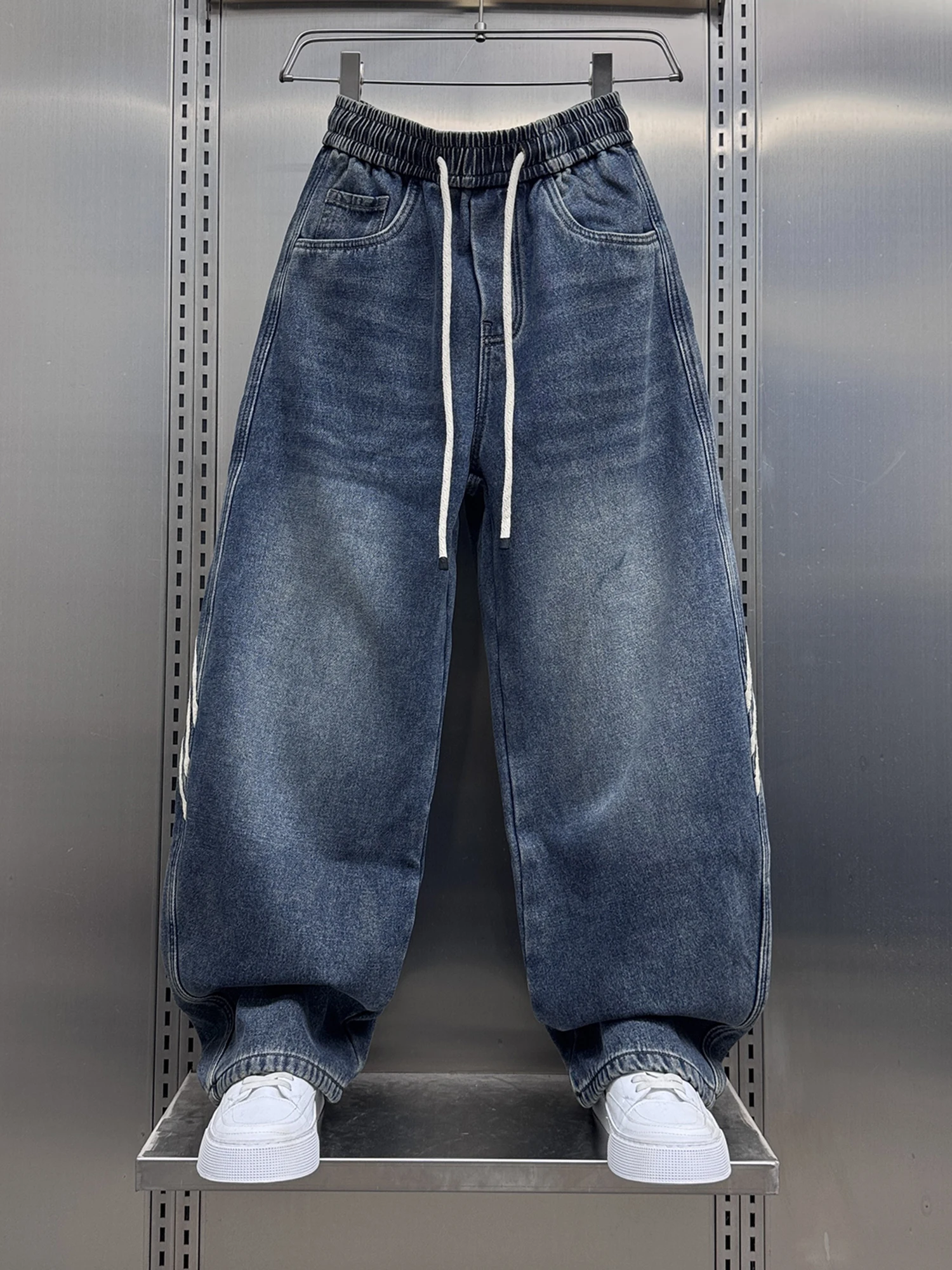 

Мужские джинсы с широкими штанинами в американском ретро-стиле, на флисовой подкладке, с полосатыми вставками, повседневные, свободного прямого кроя, для зимы