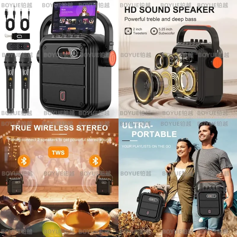Portable Karaoke Machine with 2 UHF Wireless Mics Bluetooth Speaker PA System Subwoofer Amp Shoulder Strap for Party Home