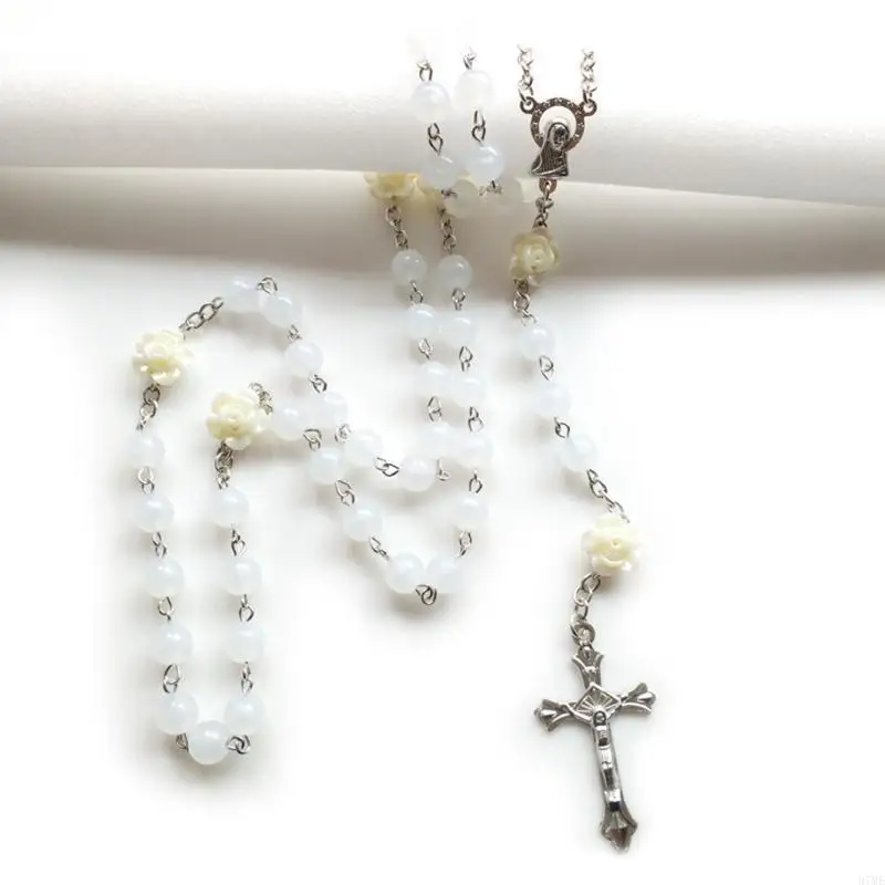 37ME 8mm Rosary Beads Flower Luminous Necklace with Jesus Crucifix for Cross Pendant Necklaces Glow in Dark Religious Jewelry