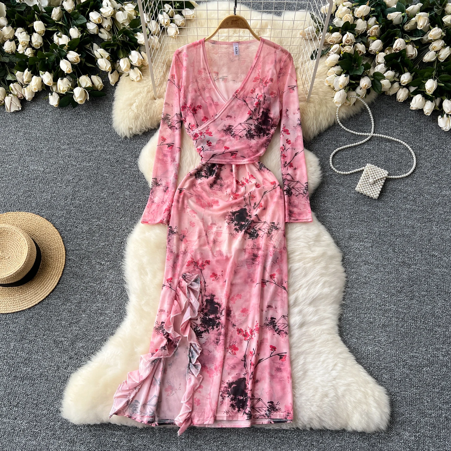 Women Chic Two Pieces Sets lool Sleeve ruffle Bandage mesh Shirt Elegant slip dresses Fashion knot Summer Sets