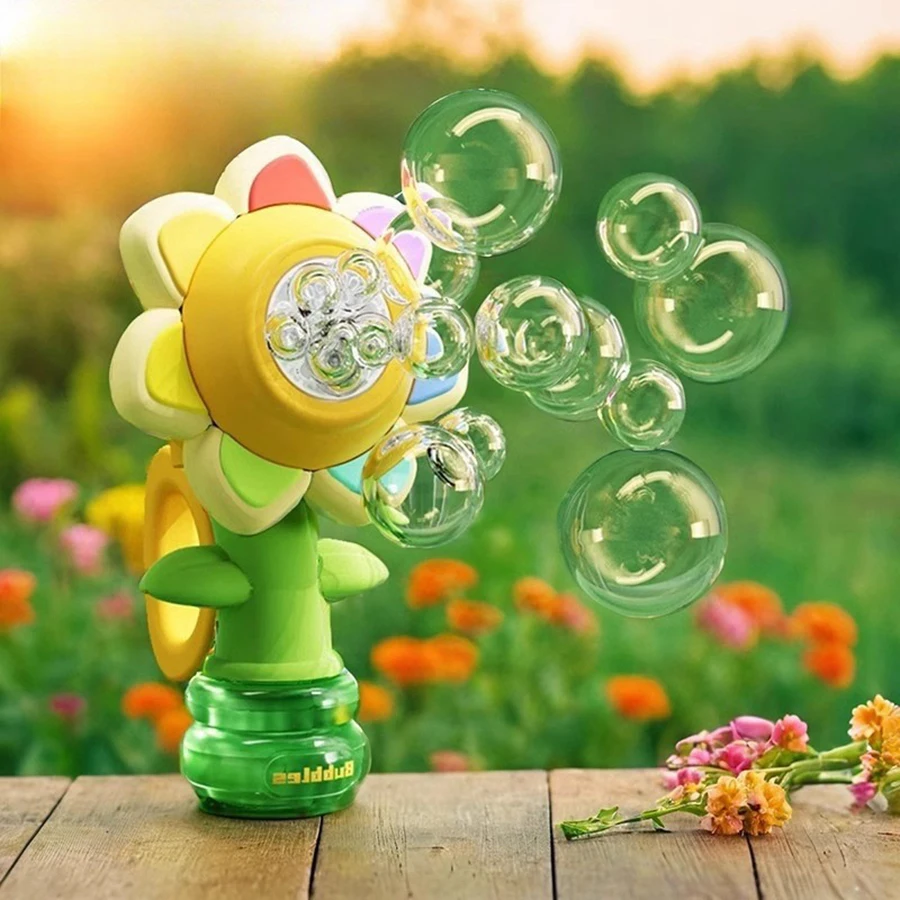 Máquina automática de burbujas para niños, juguetes con siete colores, girasol, sacudir la cabeza, burbujas de jabón, columpio, luz que sopla, burbujas de mano
