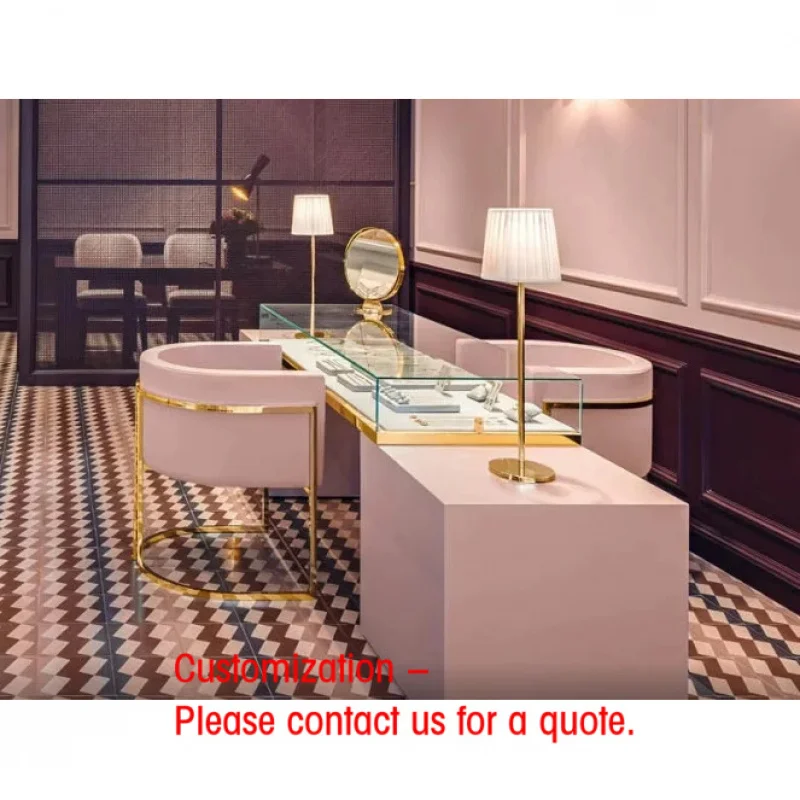 custom.French Retro Pink & Gold LED Acrylic Jewelry Display Showcases High End Custom Glass with Gold Metal Frame Retail Sto