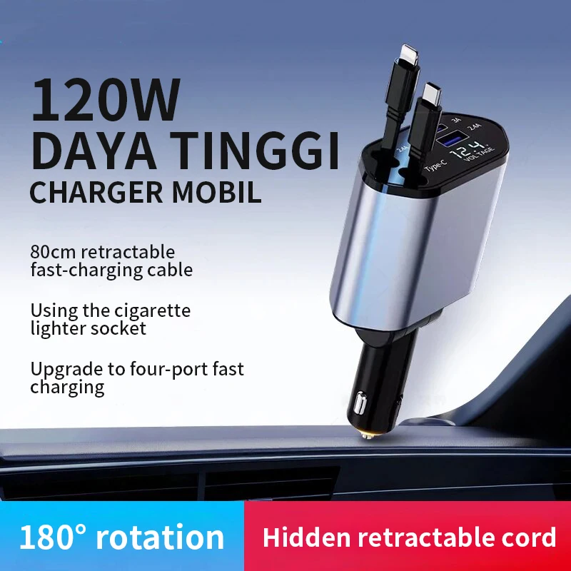 Multi‑Purpose Car Power Charger, 4‑Port Output, Built‑in Retractable Type‑C & Lightning Dual Cables, Starry Sky Projection Light