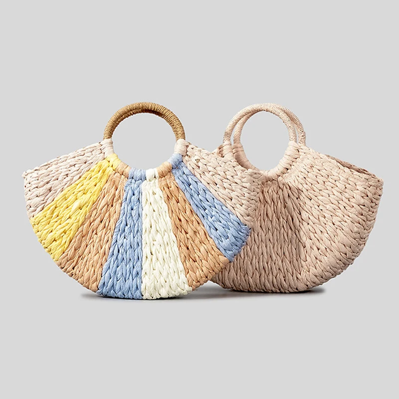 Casual Colorful Striped Straw Basket Bag Paper Woven Women Handbags Handmade Summer Beach Bag Travel Bali Holiday Tote Purses