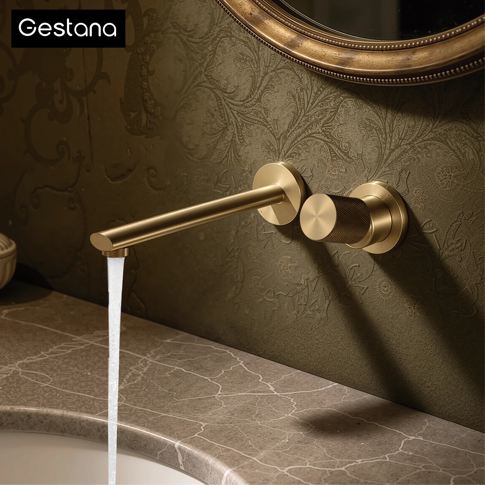 Luxury Brushed Gold Brass Wall Mounted Adjustable Water Volume Bathroom Faucet Embedded Design for Hot and Cold Water Basin Tap
