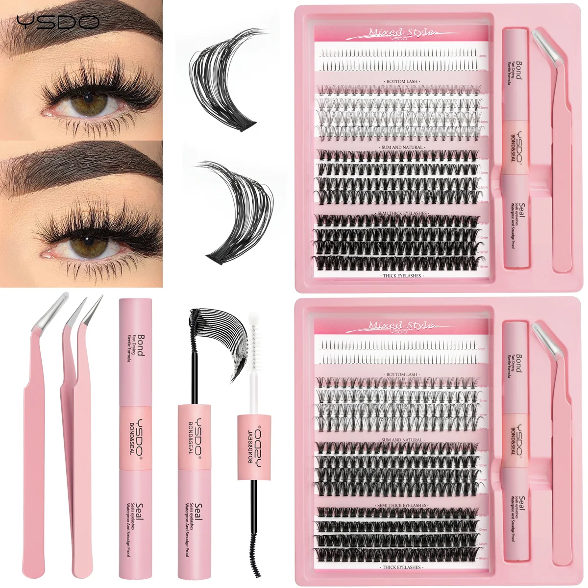 YSDO 10/12 Rows DIY Individual Lashes Bond and Seal Eyelash Glue Remover Applicator Lash Clusters Eyelashes Extension Makeup Set