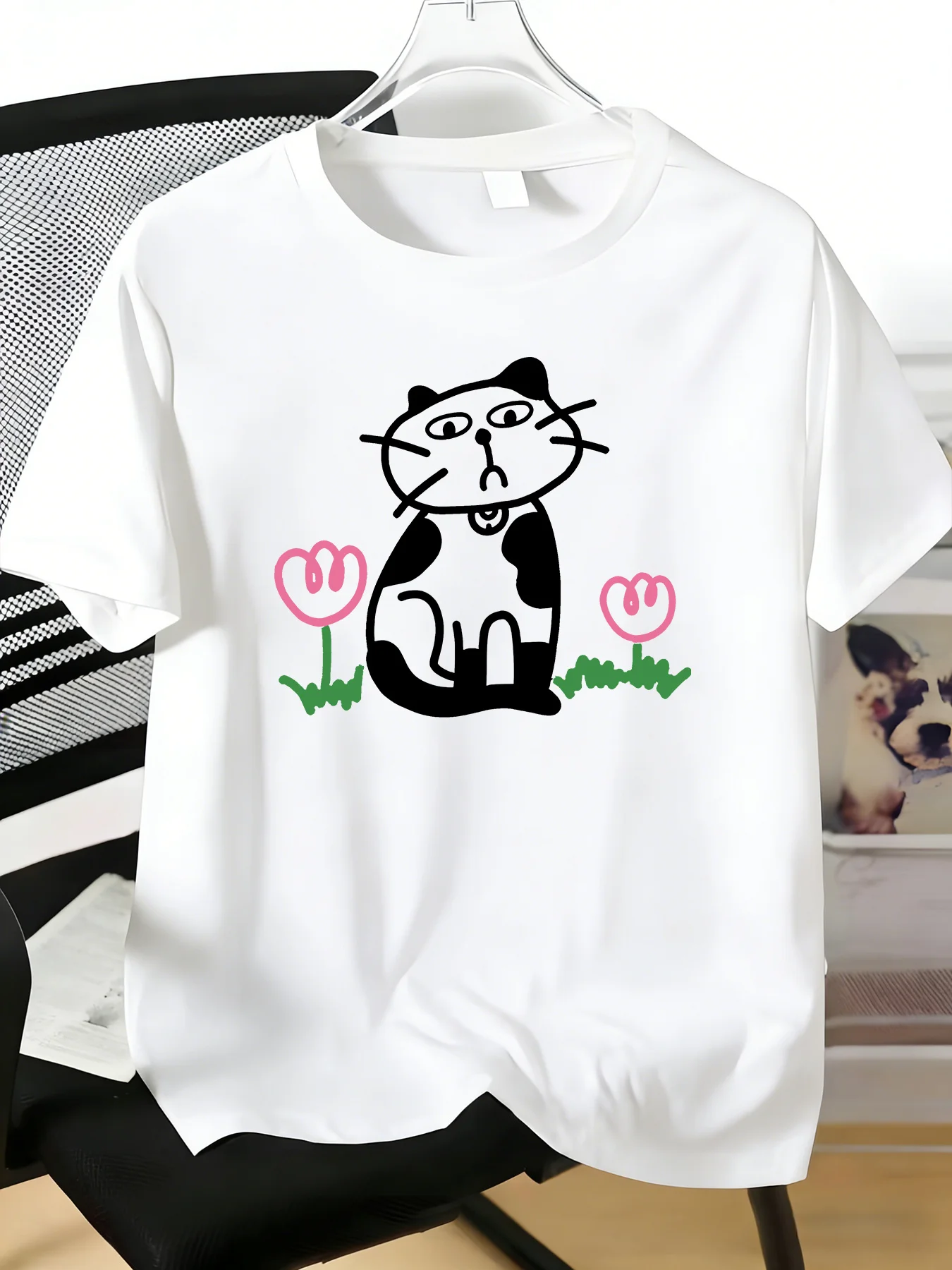 Men Round Neck Basic Tee Simple Line Spotted Cat Tulip Floral Print Comfort Short Sleeve Spring Summer Outdoor Casual Loose Top