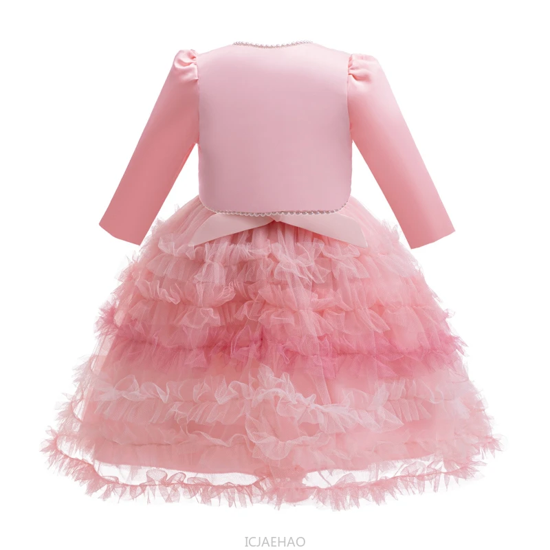 Wed Dress Pink Kids Girls Sleeveless Bow Dresses Tulle Skirt Children Pearl Long Sleeve Single Button Coat 2 Piece Satin Set - view 4