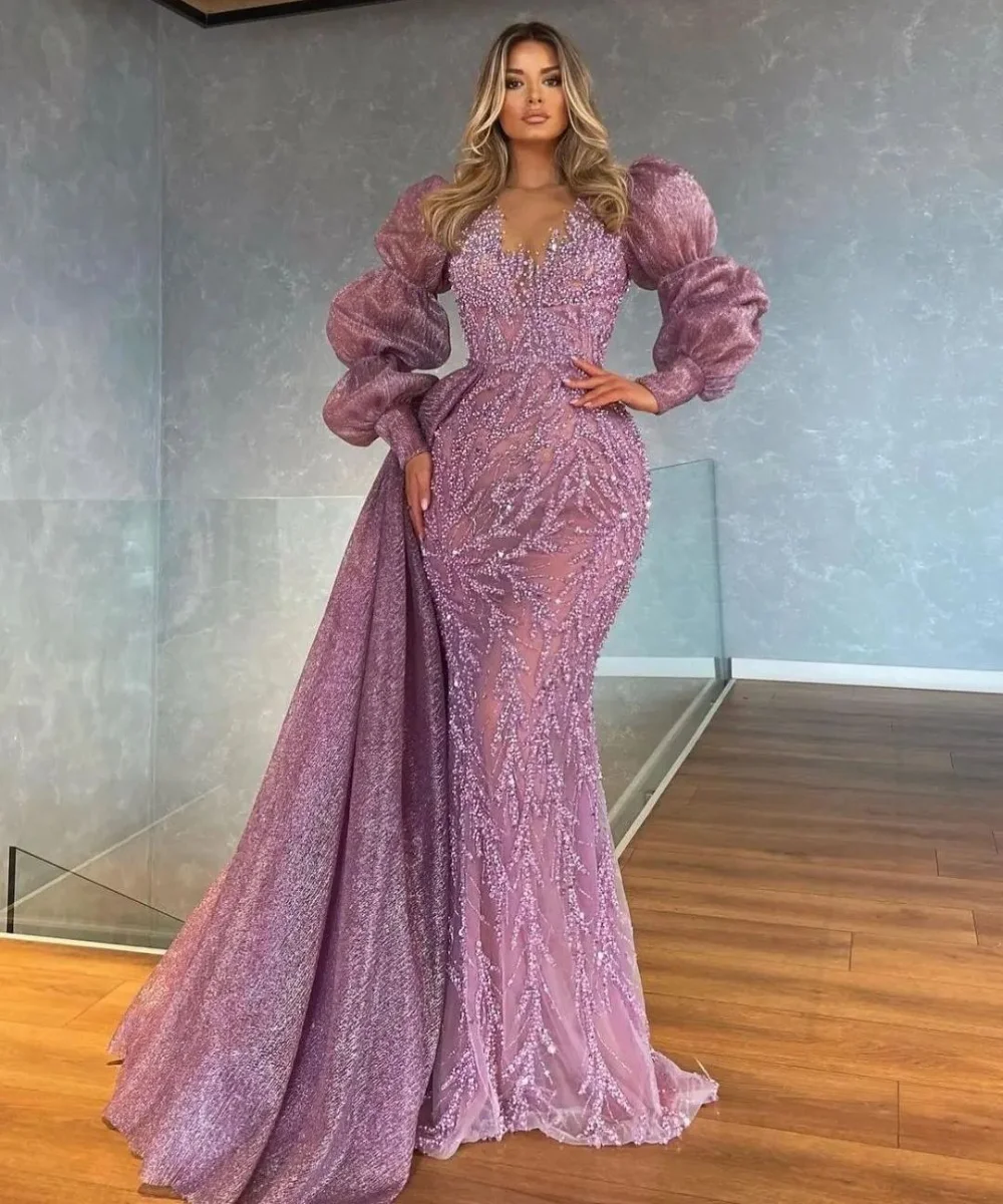 Purple Sparkling Prom Dress Long Sleeves Satin Lace Sequins Mermaid Evening Dresses Custom Made Gown