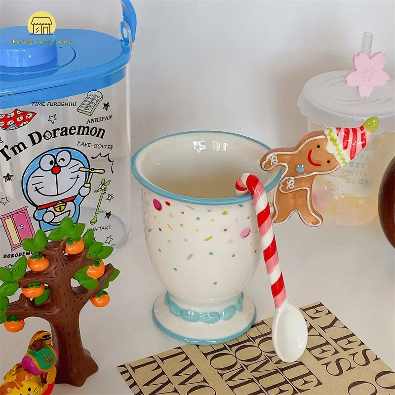 

Christmas Ceramic Cup with Spoon Cute Gingerbread Man Coffee Milk Mug Xmas Gift Office Home Drink Water