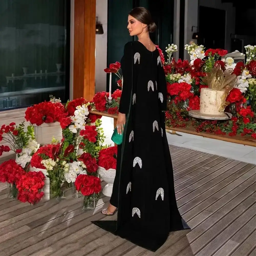 Robe de soirée en Satin et cristal, tempérament personnalisé, haute qualité, manches longues, col rond, longueur au sol, robes d'occasion sur mesure