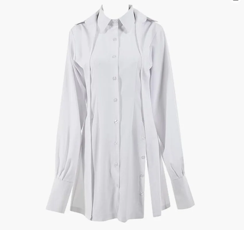 Frühlingsneues Damen-Hemd mit V-Ausschnitt, langärmeliges, langes Hemdoberteil mit Knopfleiste am Saum und geteiltem Ende