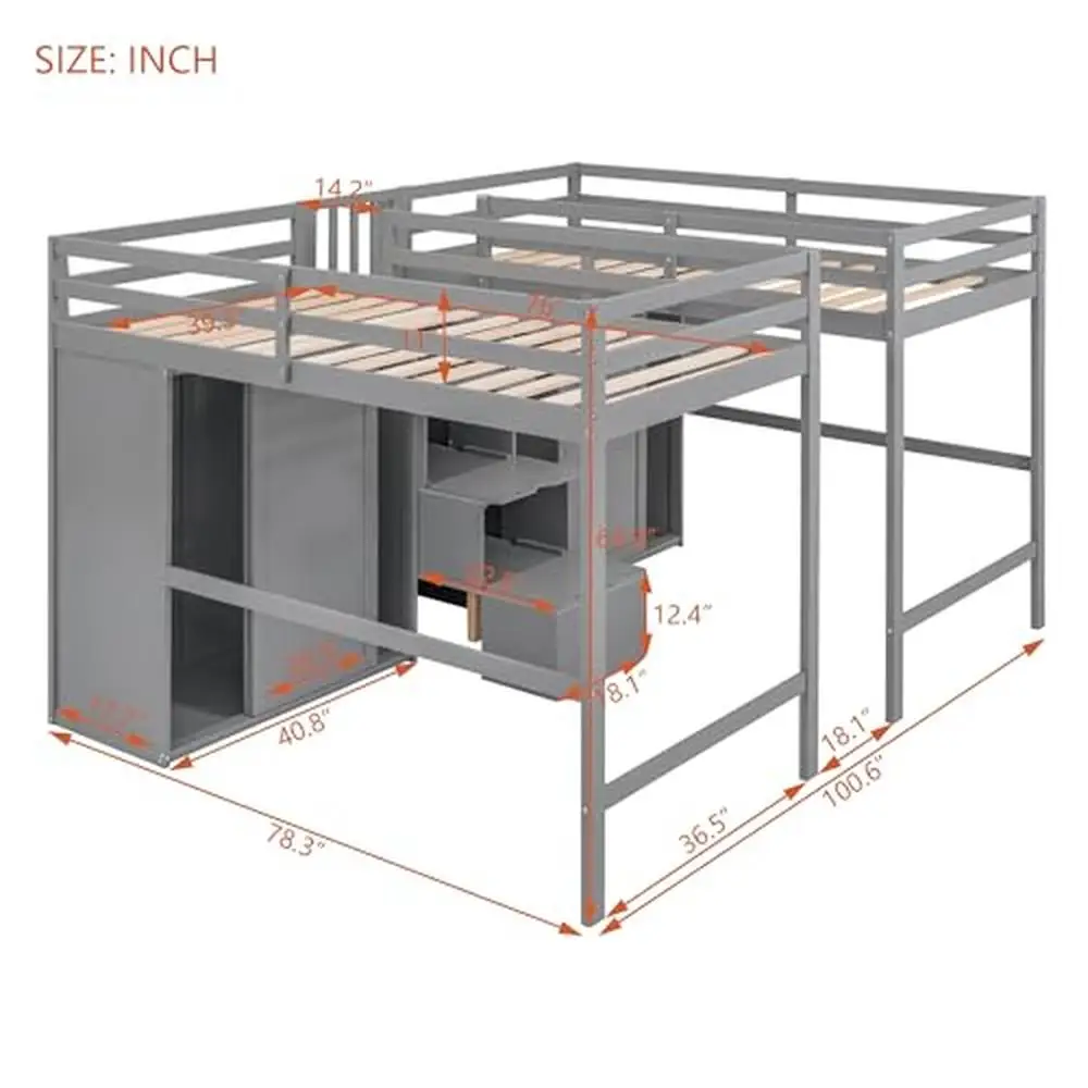 Loft Bed Twin Size Wardrobes Stairs Adults Teens Boys Girls Grey 350lbs Capacity No Box Spring Cozy Space 100.6