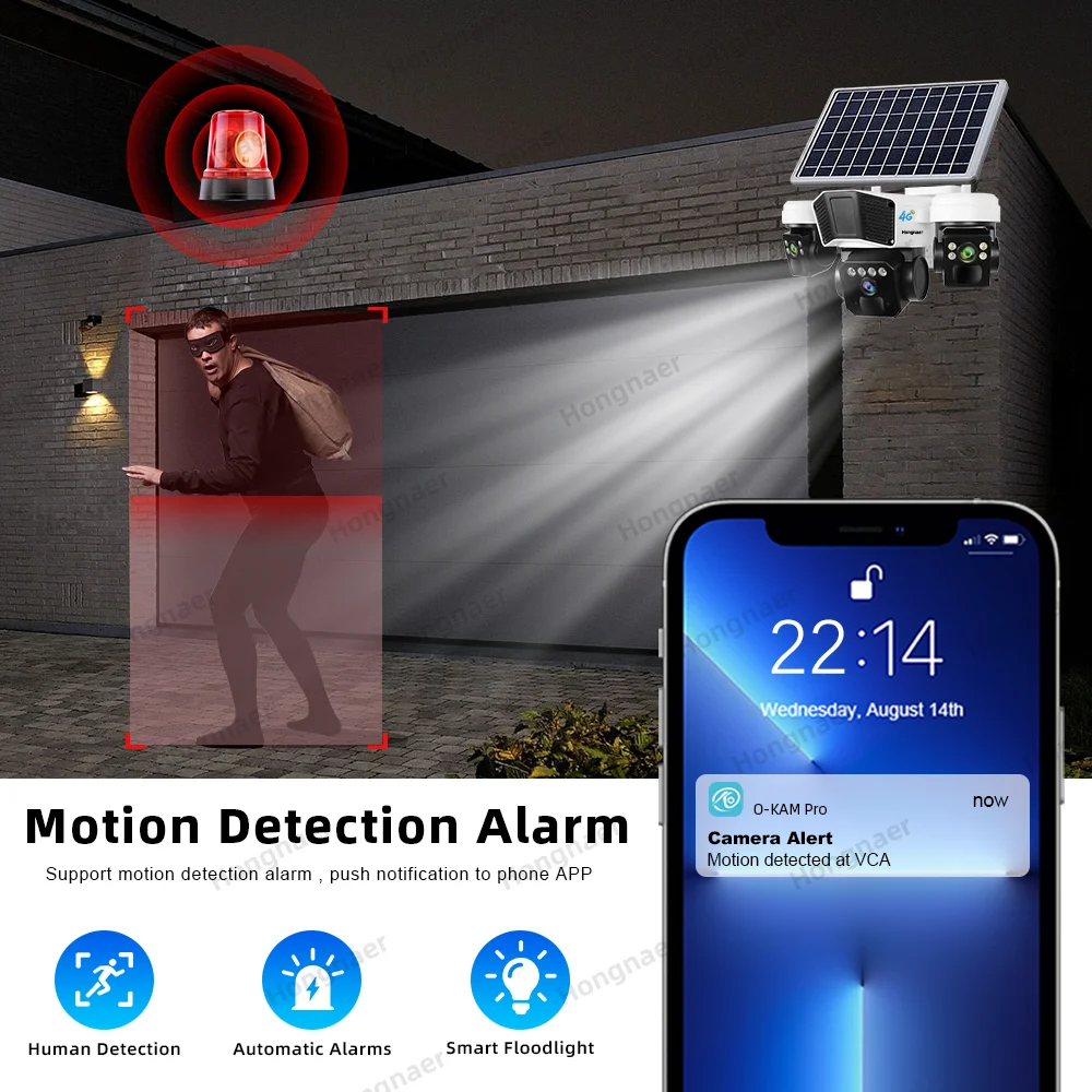 كاميرا Hongnaer 12MP ثلاثية العدسات 4G لاسلكية تعمل بالطاقة الشمسية PTZ IP O-KAM Pro للأمن الخارجي CCTV 4G بطاقة Sim كاميرا تعمل بالطاقة الشمسية