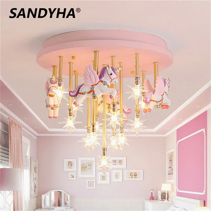 Modern Cartoon Pink Ceiling Light Unicorn Star Lustre Hanging Chandelier Home Decor Children' Room Baby Bedroom Led Pendant Lamp