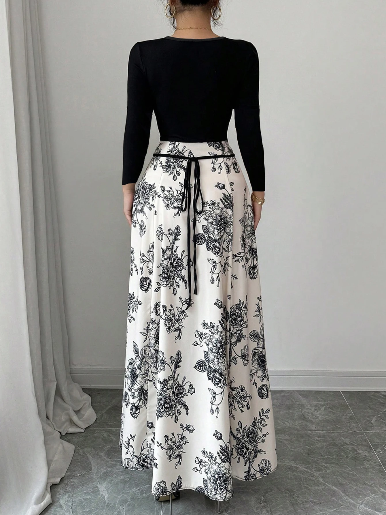 Business Casual Long Straight Tube Dress Round Neckline Tie Waist Commute Appropriate Women's Skirt Fashionable Office Wear