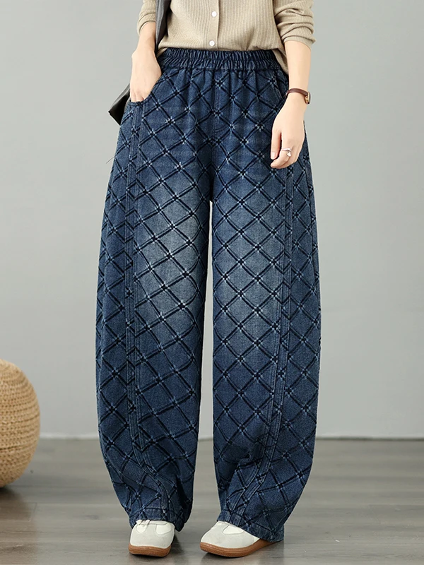 plus Size Flocked Denim Pants Women's Casual High Waist Straight Leg Blue Cotton Polyester Blend Loose Fit Autumn Fashion