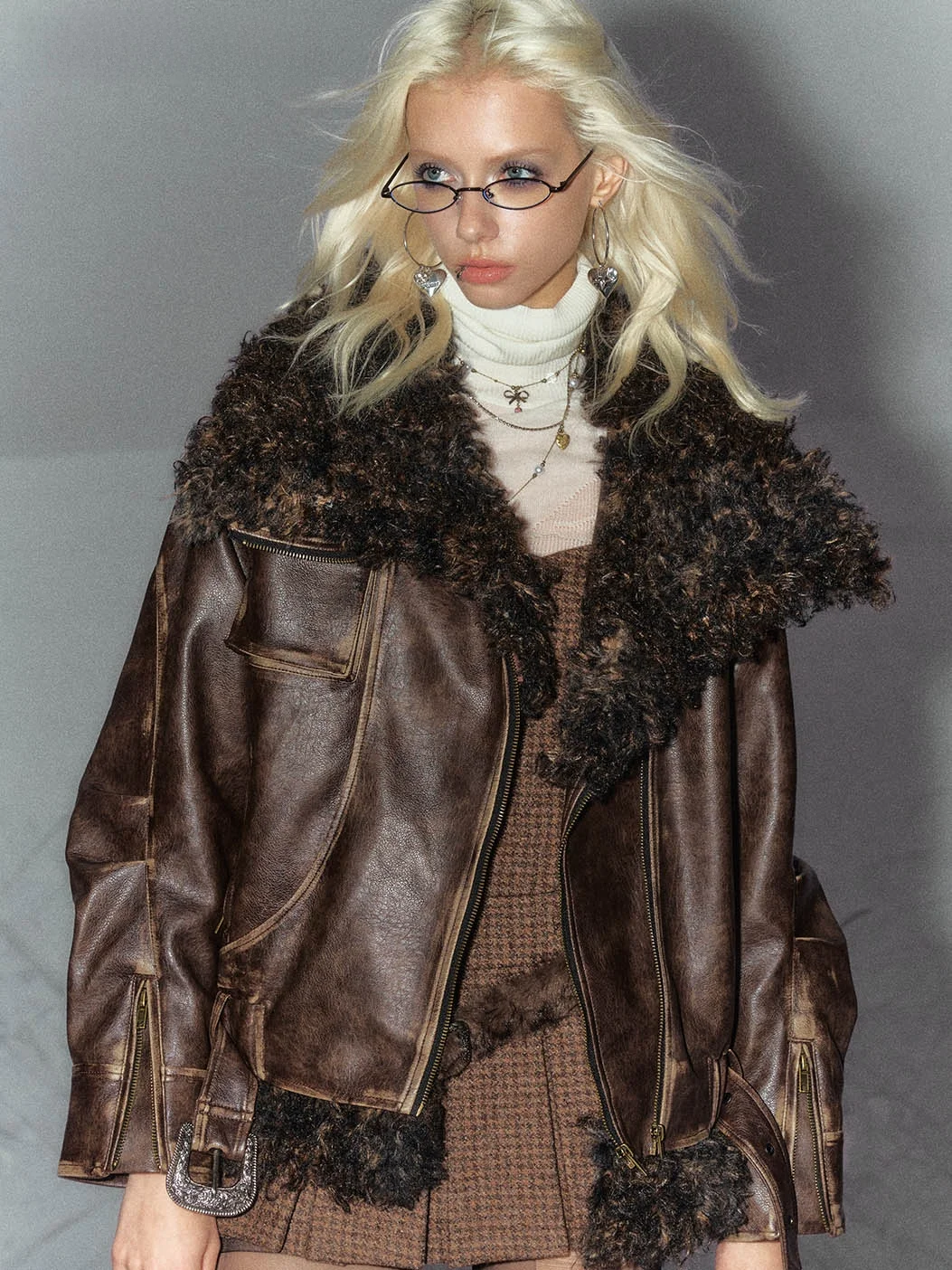

Brown Retro Fur Leather Jaet ort Spliced Women's Autumn Winter PU Coat Street Sle Long Sve Zipper Closure Faionable