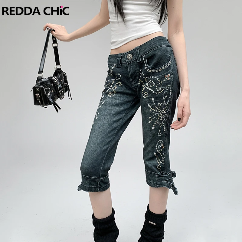 

REDDACHiC Rhinestone Capri Jeans for Women Hotties Vintage Wash Glittter Skinny Low Rise Bermuda Shorts Retro Y2K Streetwear