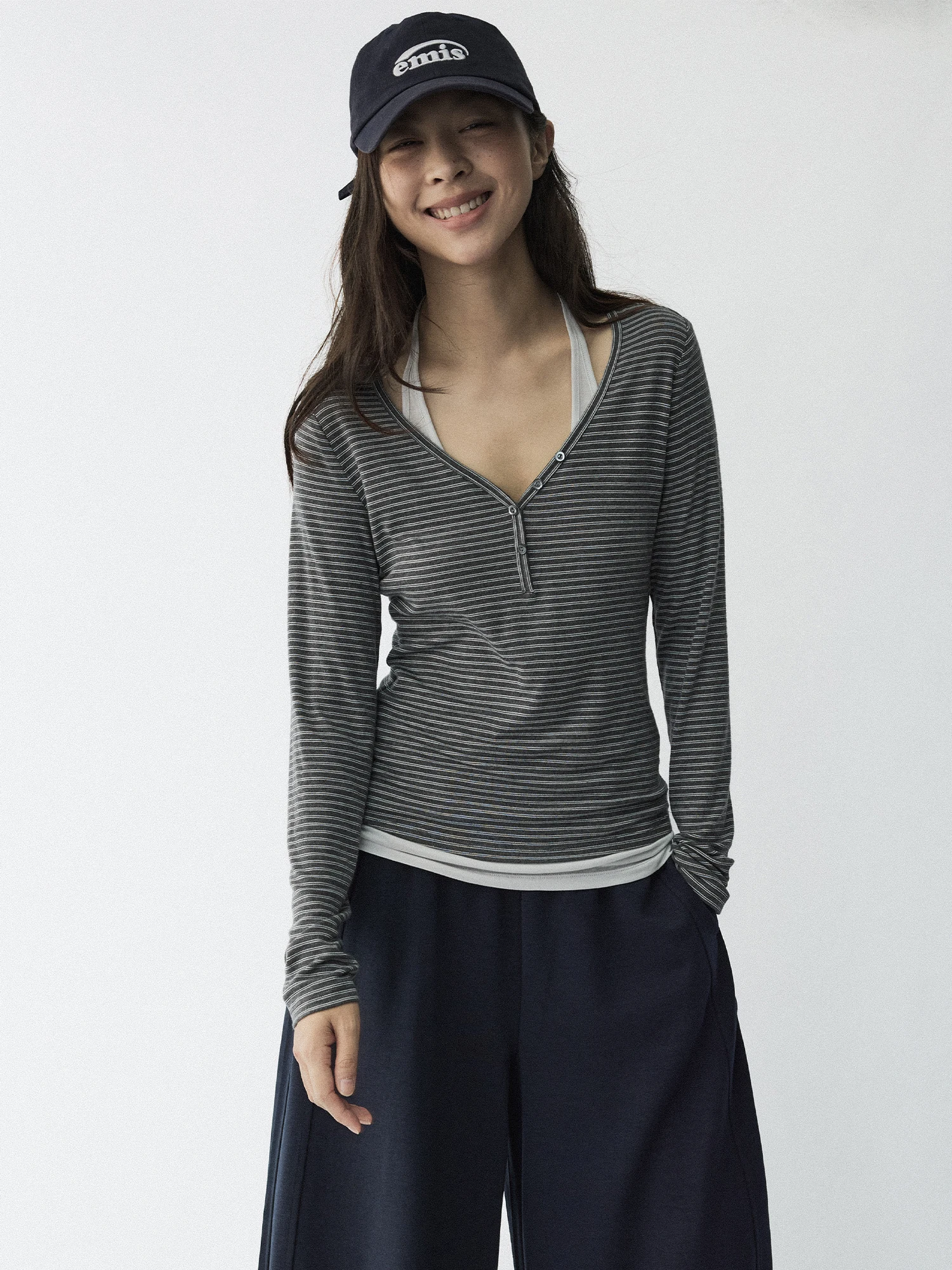 HaveRice Restaurant Little Thousand Layer T-Shirt Lenzing Wool Thin Soft Long Sleeve Henry Collar Striped Casual Slim Fit Wom...