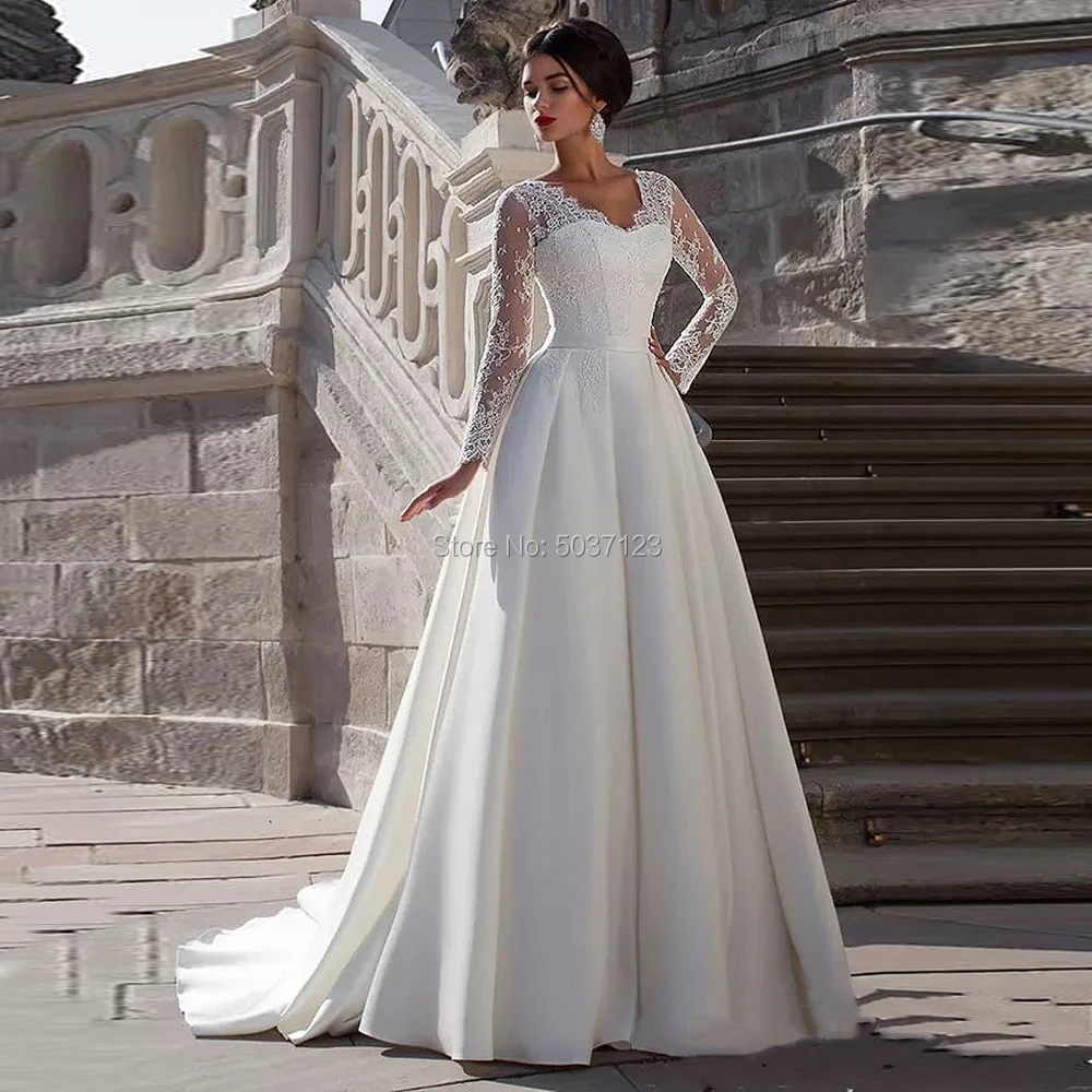 Vestido de novia plisado de satén, prenda cómoda de manga larga con encaje, escote Corazón, cremallera en la espalda, longitud hasta el suelo, 2021