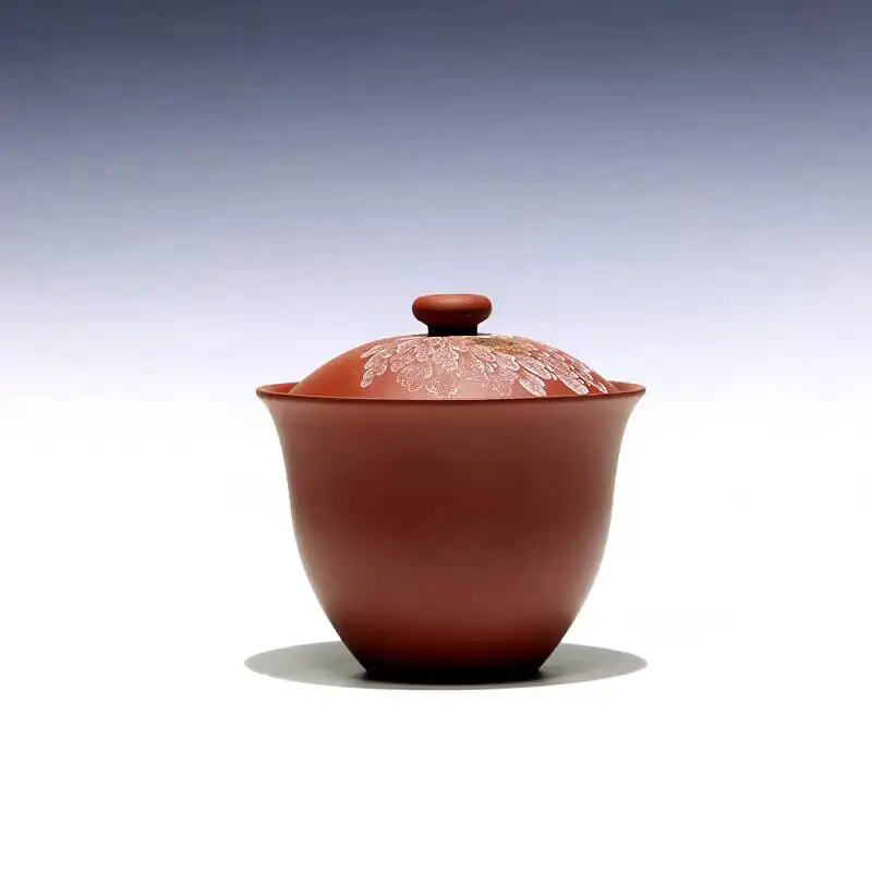 [Biyile Pot]Yixing Purple Clay Original Ore Red Mud High-End Handmade Gaiwan With Hand-Painted Double-Petal Lotus Design 110Cc