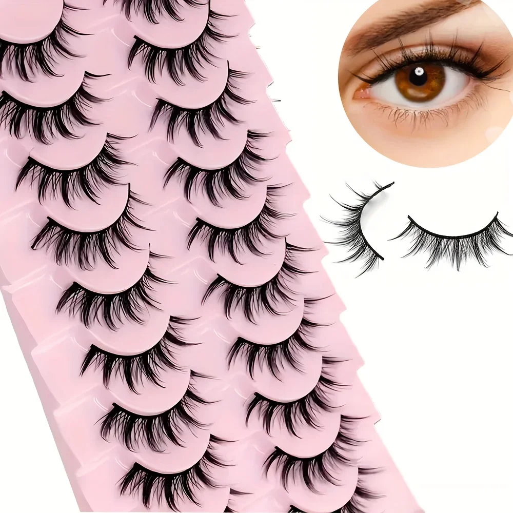 Reusable Fluffy Cat Eye 3D Volume Lashes 10 Pairs Cross Wispy Spiky Anime Manga Cosplay Fake Lashes