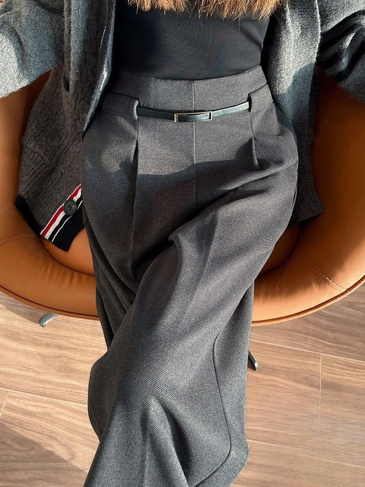 Pantalones de cintura alta para mujer, pantalón grueso de lana informal, holgado, largo completo, con botones, cintura alta, elegante, pierna ancha, otoño e invierno, 2025
