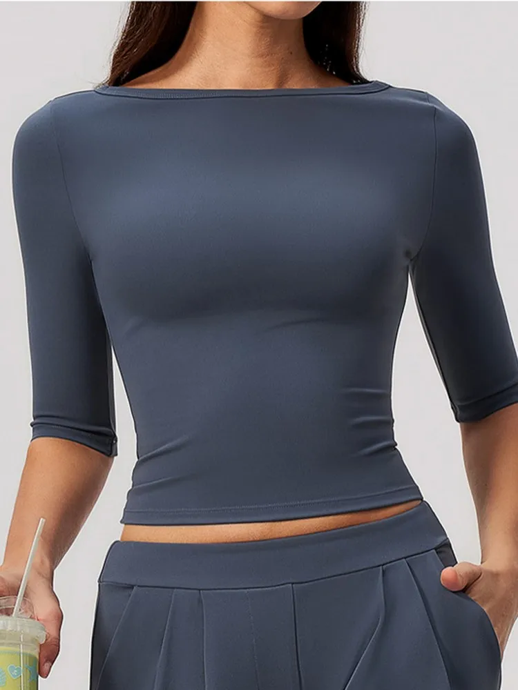 Sports Three Quarter Sleeve Top Women Gym Yoga Top Workout Clothes Sports T Shirt Fitness Activewear Running Tight Tops