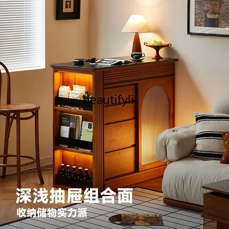 Q181 T Retro bar, solid wood rock slab retractable table, living room console, locker view 5
