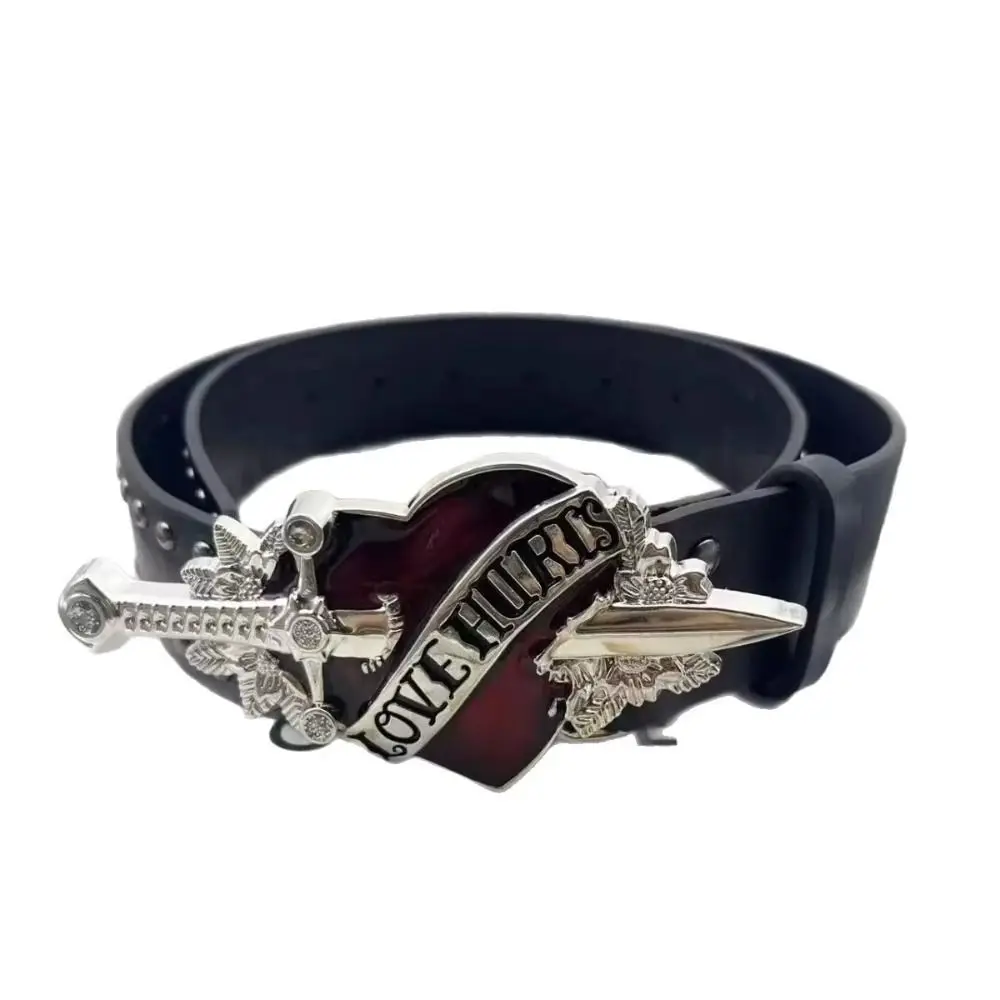 1Pcs Leather Sword Belt Red Heart Sword Design Rivet Belt Adjustable Buckle Punk Belt for Party Music Festival Daily Wear