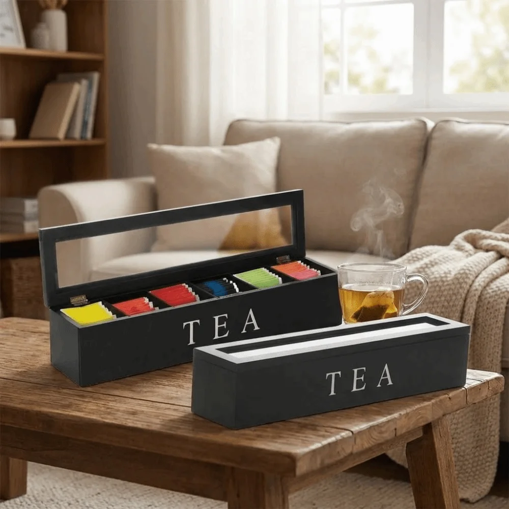 

Деревянный органайзер для чайных пакетиков с откидной крышкой, большой емкости, с разделителями, пылезащитный, для хранения украшений и часов, для дома