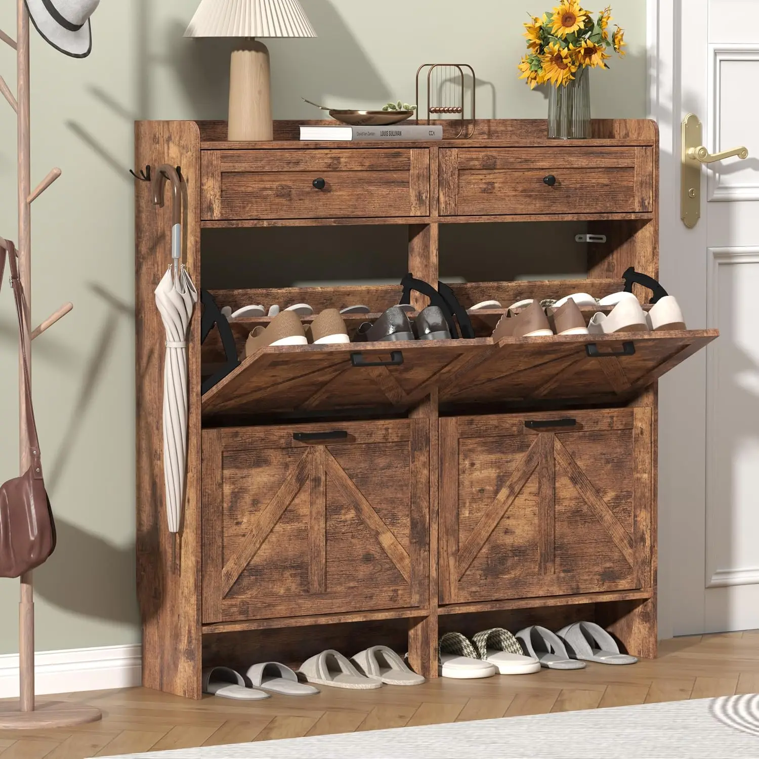 Rustic Rustic Farmhouse Shoe Cabinet with 4 Flip & 2 Storage Drawers, Slim Narrow Organizer for Entryway & Hallway, Customized - Aliexpress Deal