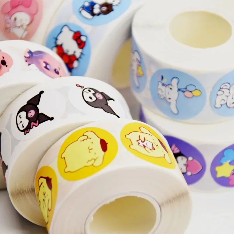 MINISO New 500PCS Cartoon Sanrio Hello Kitty Emojis Kulomi Laurel Dog Melody Seal Pudding Dog Loppy Little Beaver Roll Sticker