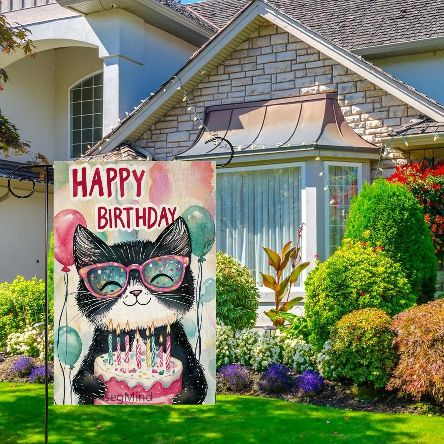 Happy Birthday Garden Flag Tuxedo Cat Garden Flag 12x18 Double Sided Linen, Colorful Balloon Cake Toppers Banner Farmhouse B jjp view 2