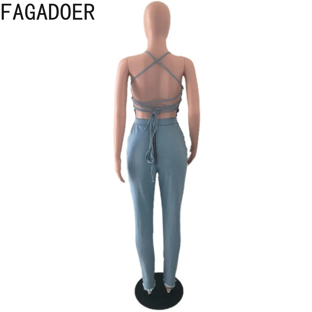 Imagem -06 - Fagadoer-macacão Jeans Bodycon Azul Claro para Mulheres Macacão Fino sem Costas Macacão de Cowboy Feminino Bandagem Moda