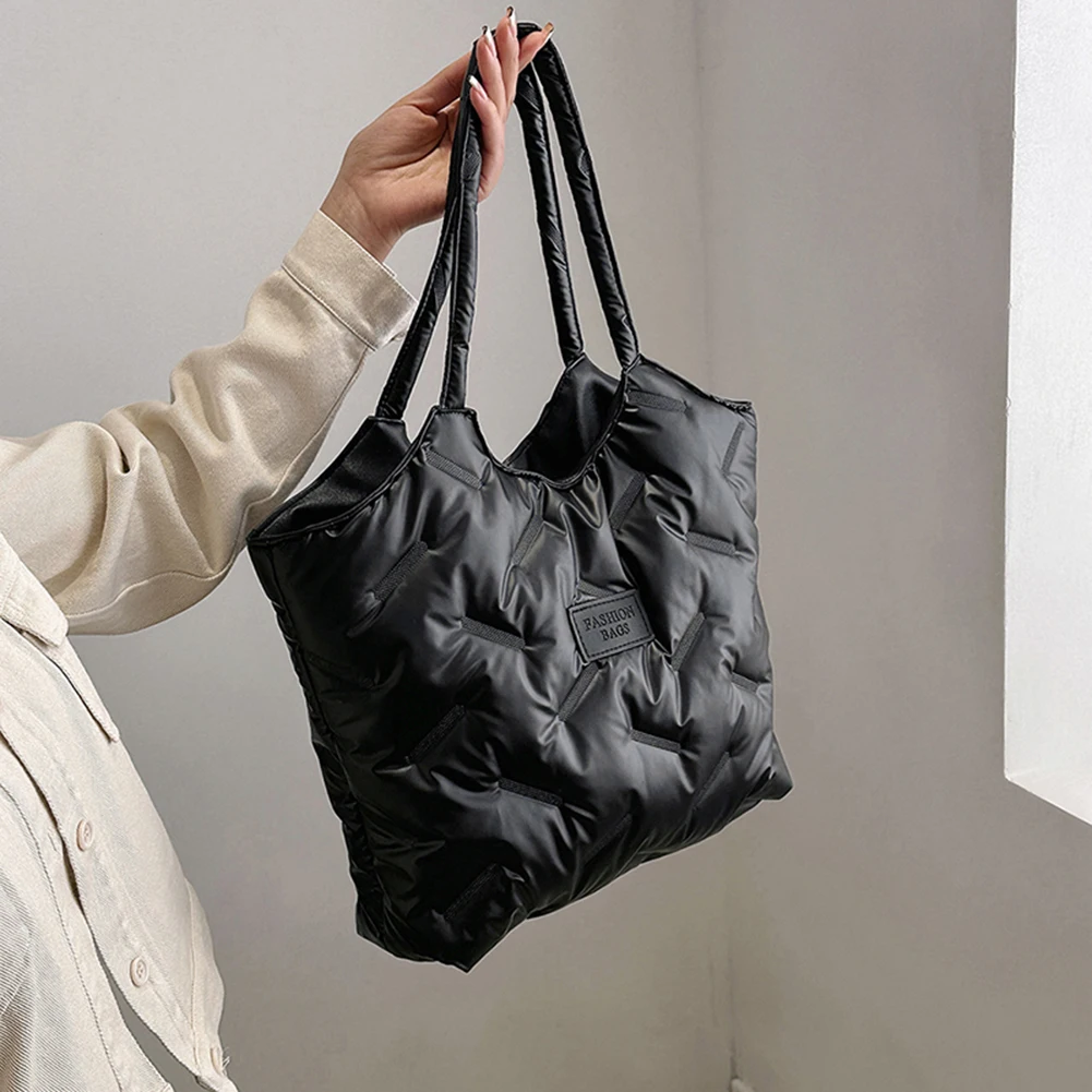 Women Padded Tote Bag Versatile Solid Puffer Bag Big Capacity Quilted Shoulder Bag Cloud Down Tote Handbags Winter Commuting Bag