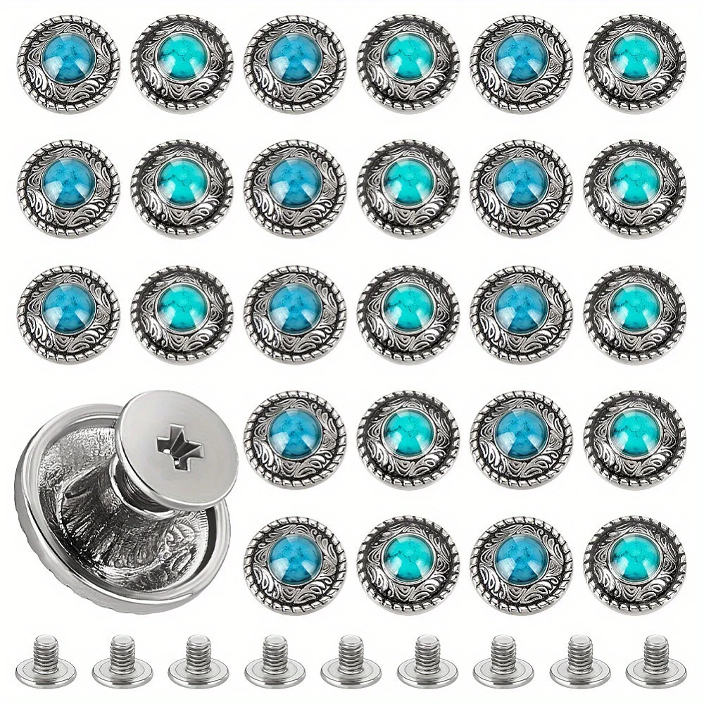 20pcs 2 Colors Alloy Buttons With Imitation Turquoise & Screw For Purse Bags Faux Leather Crafts Decoration Flat Round Mixed Col
