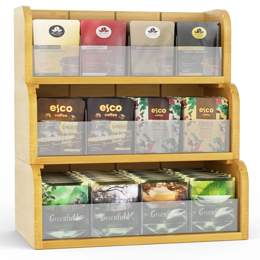 

Tea Bag Organizer, 3 Tier Stackable Tea Bags Storage Box with Acrylic Dividers