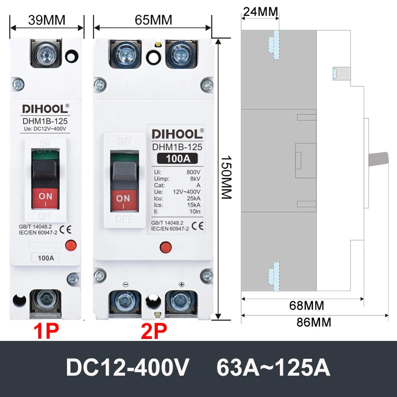 DC MCCB 12V 24V 48V 72V 100A 125A 250A Moulded Case Circuit Breaker Battery  200A 300A 400A Car Charging Pile Protector