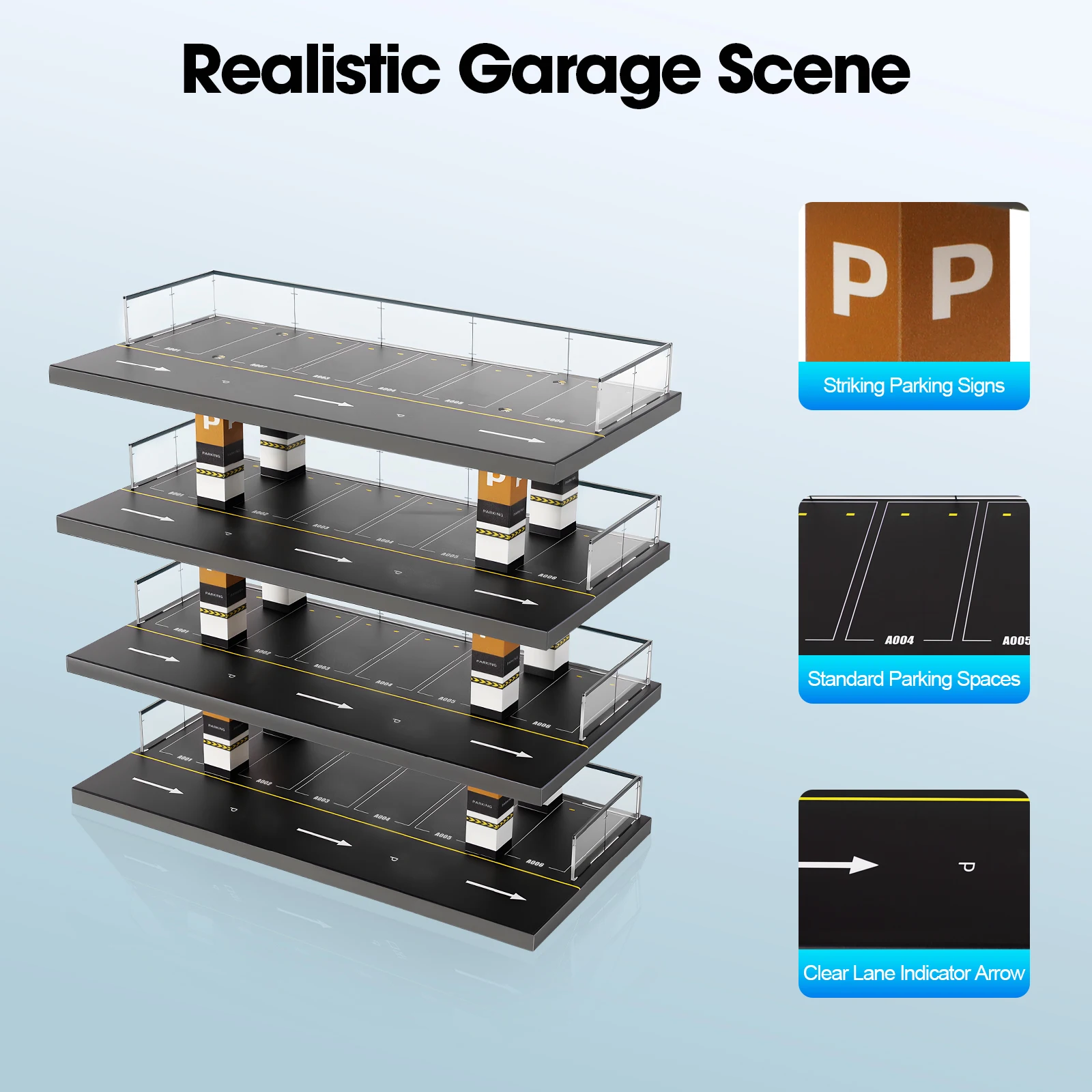 

1:64 Scale Model Car Garage 4-Tier Acrylic Display Shelf with Realistic Parking Scene for Hot Wheels Collectors
