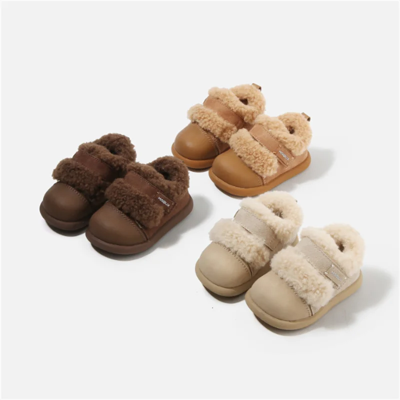 2025 New Winter Baby Shoes Leather Warm Plush Toddler Kids Shoe Soft Sole Outdoor Tennis Fashion Little Girls Sneakers