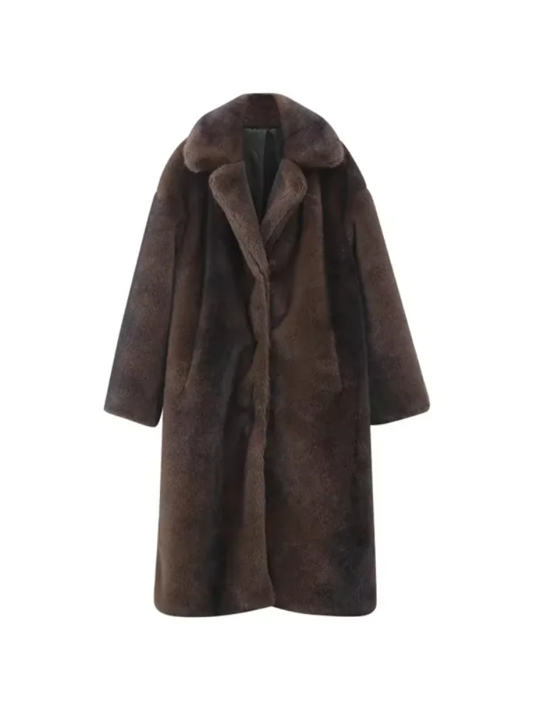 Chic Women Brown Warm Faux Fur Long Coats Elegant Lapel Single Breasted Thick Overcoats Autumn Winter Lady Commuting Outwears