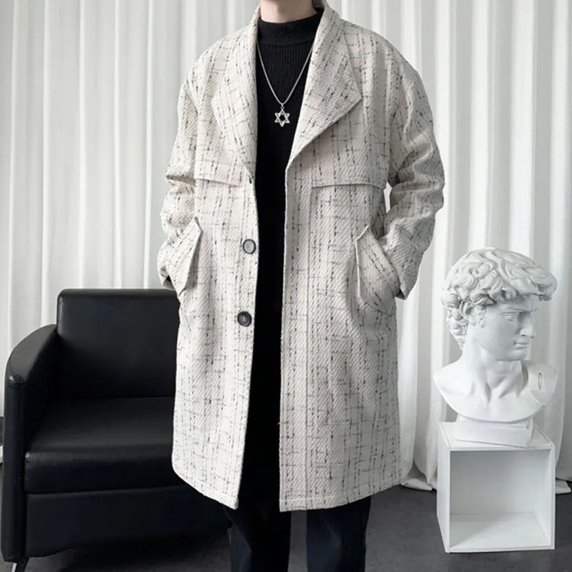 

Men's Mid-Length Plaid Woolen Coat Loose Fit Spring Autumn Trendy Vintage Hong Kong Sle Windbreaker Cool Sle Polyester Fiber