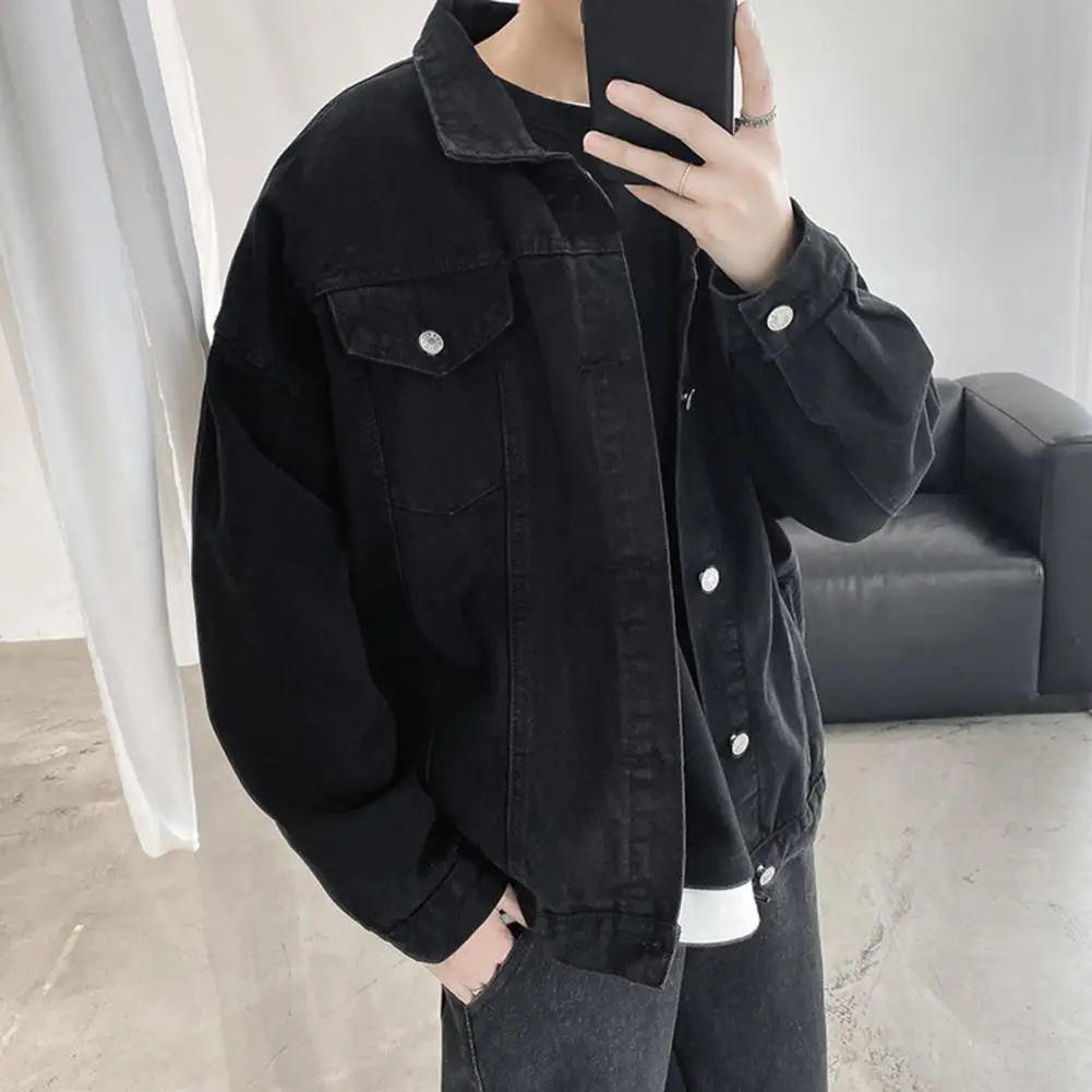 Black Denim Coat Single-breasted Denim Jacket Men's Denim Coat with Lapel Flap Pockets Solid Color Loose Fit Jacket for Outwear