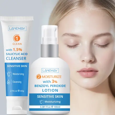 Sensitive Skin Care Set – 1.5% Salicylic Acid Cleanser & 3% Benzoyl Peroxide Lotion for Gentle Exfoliation & Hydration.