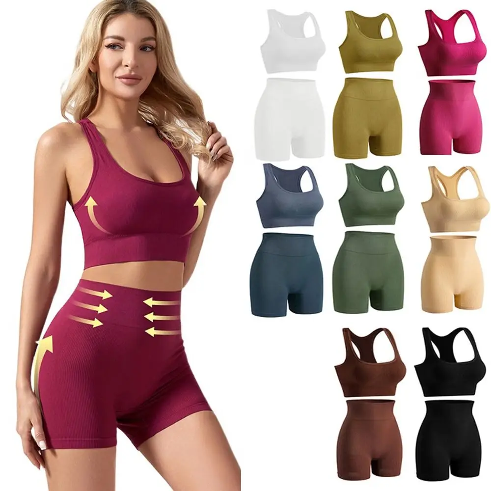 2 Pieces Seamless Workout Outfits Ribbed Sport Bra Yoga Tank Sets Sleeveless High Waist Short Crop Matching Active Set Summer