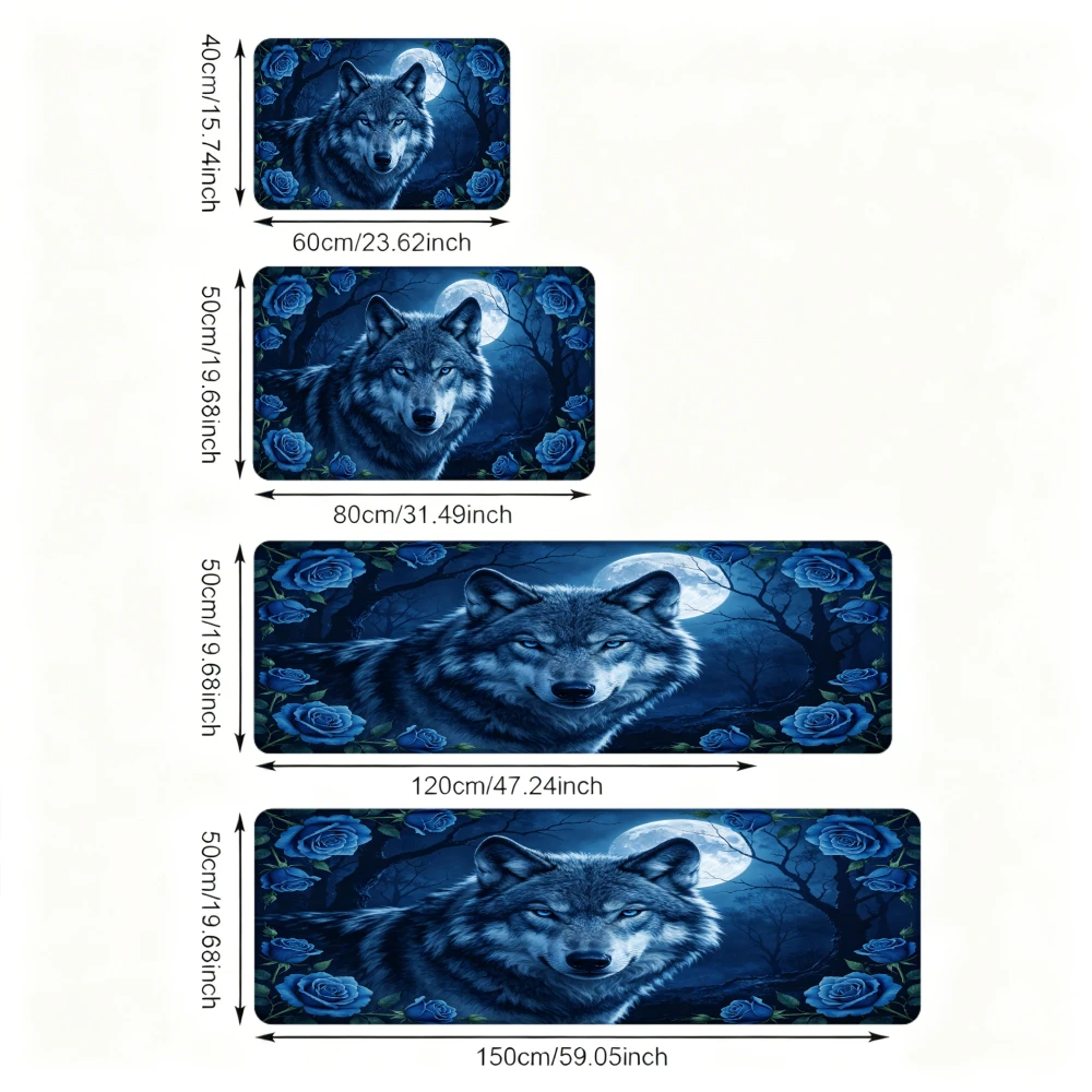 1pc Printed with Wolf Moon Roses Blue Night Non-slip Water-absorbent Polyester Mat, Soft and Comfortable Pressure-relieving Fo