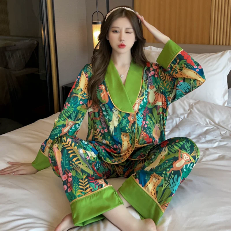 Print Animal Flower V-neck Luxury Pajamas Set for Women Autumn New Casual 2024 Home Suit Nightwear All-match Soft Korean Pajamas